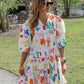 Printed V-Neck 3/4 Sleeve Shirt Dress with Flared Skirt