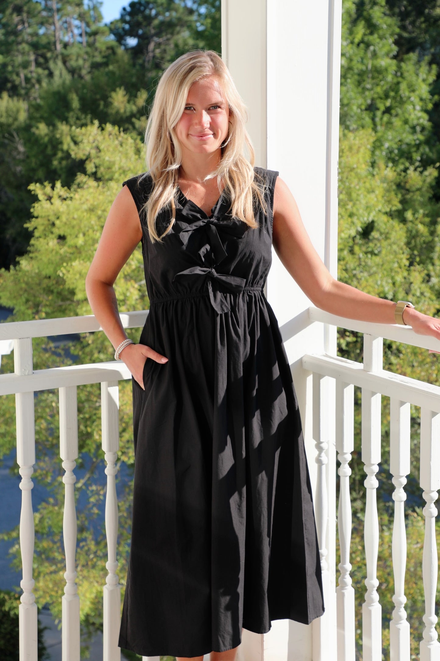 Sleeveless V-Neck Midi Dress with Bow Ties