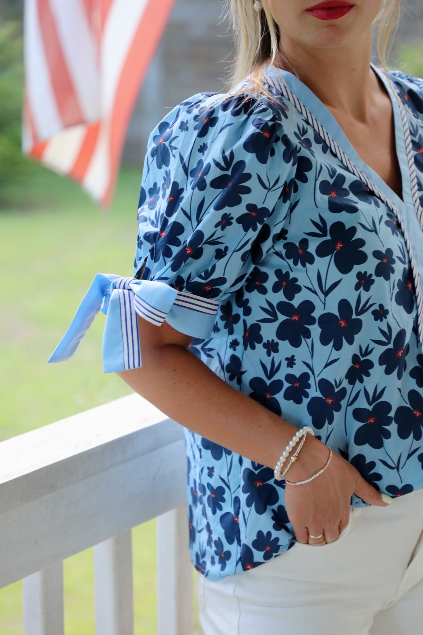 Floral Bow Sleeve Stripe Top