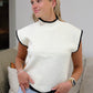 Black Trimmed Cream Mock Neck Short Sleeve Sweater