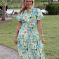 Printed Short Puff Sleeve Midi Dress with a Waist Tie