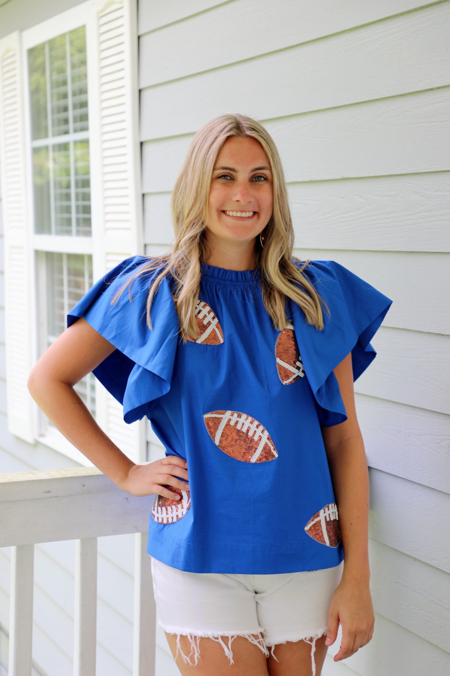 Blue Football Sequin Poplin Top