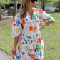 Printed V-Neck 3/4 Sleeve Shirt Dress with Flared Skirt