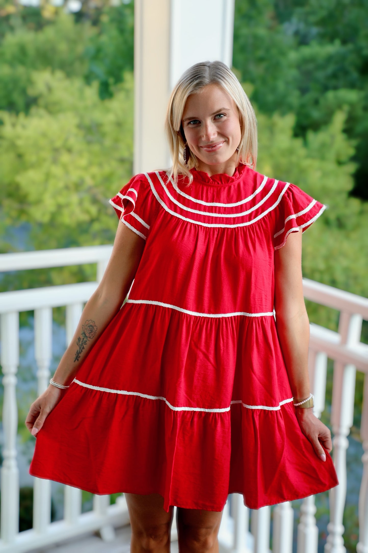 Tiered Flutter Sleeve Dress with Lace Trim