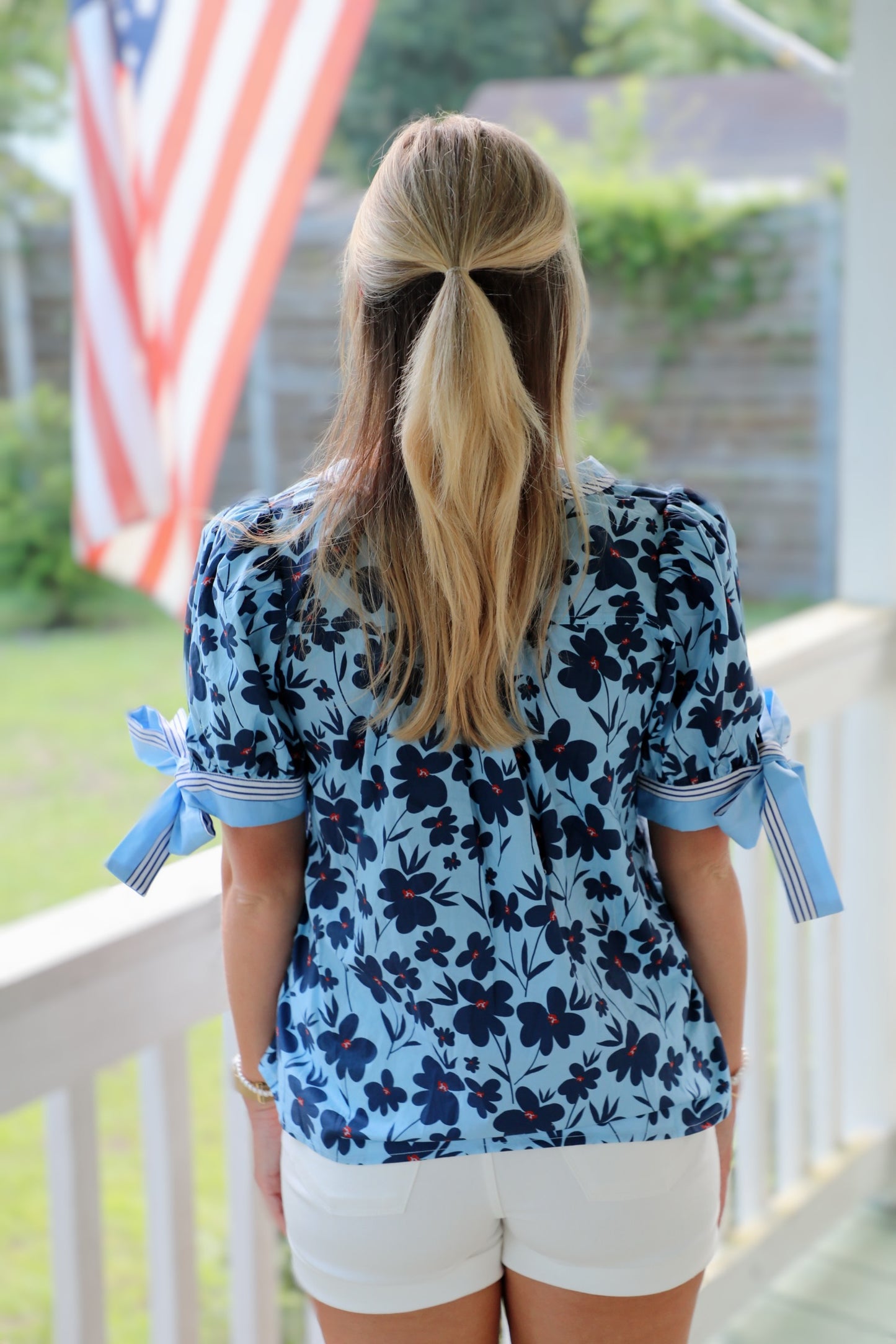 Floral Bow Sleeve Stripe Top