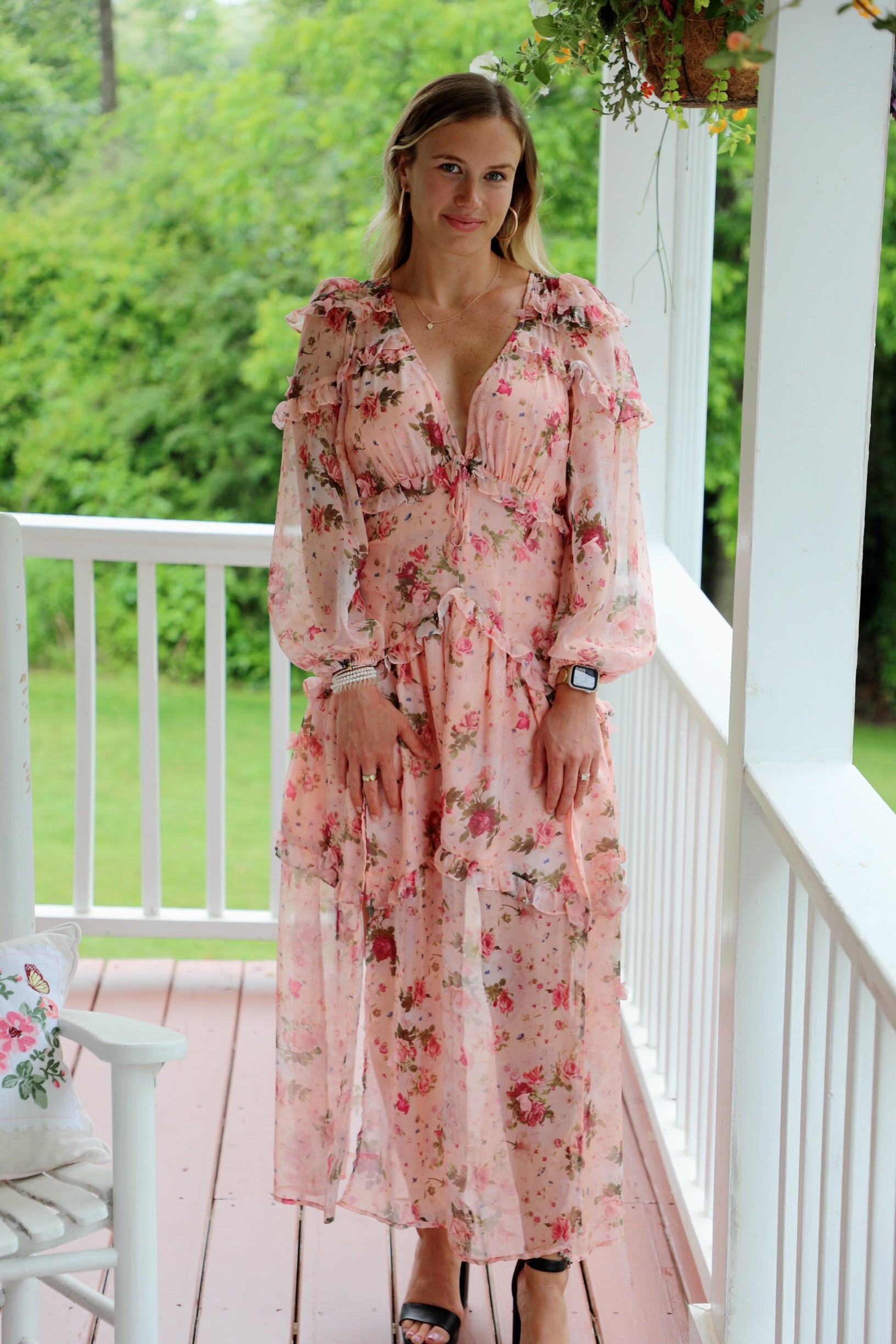 floral puff long sleeve dress Floral-Print Strapless Puff-Sleeve Ball Gown -PromGirl Multi / 6