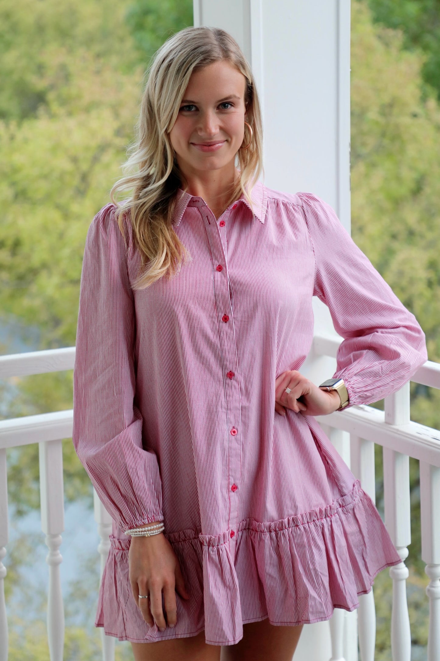 Pinstripe Button Up Ruffle Dress