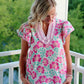 Pink Flutter Sleeve Floral Blouse with Chevron Ribbon Trim