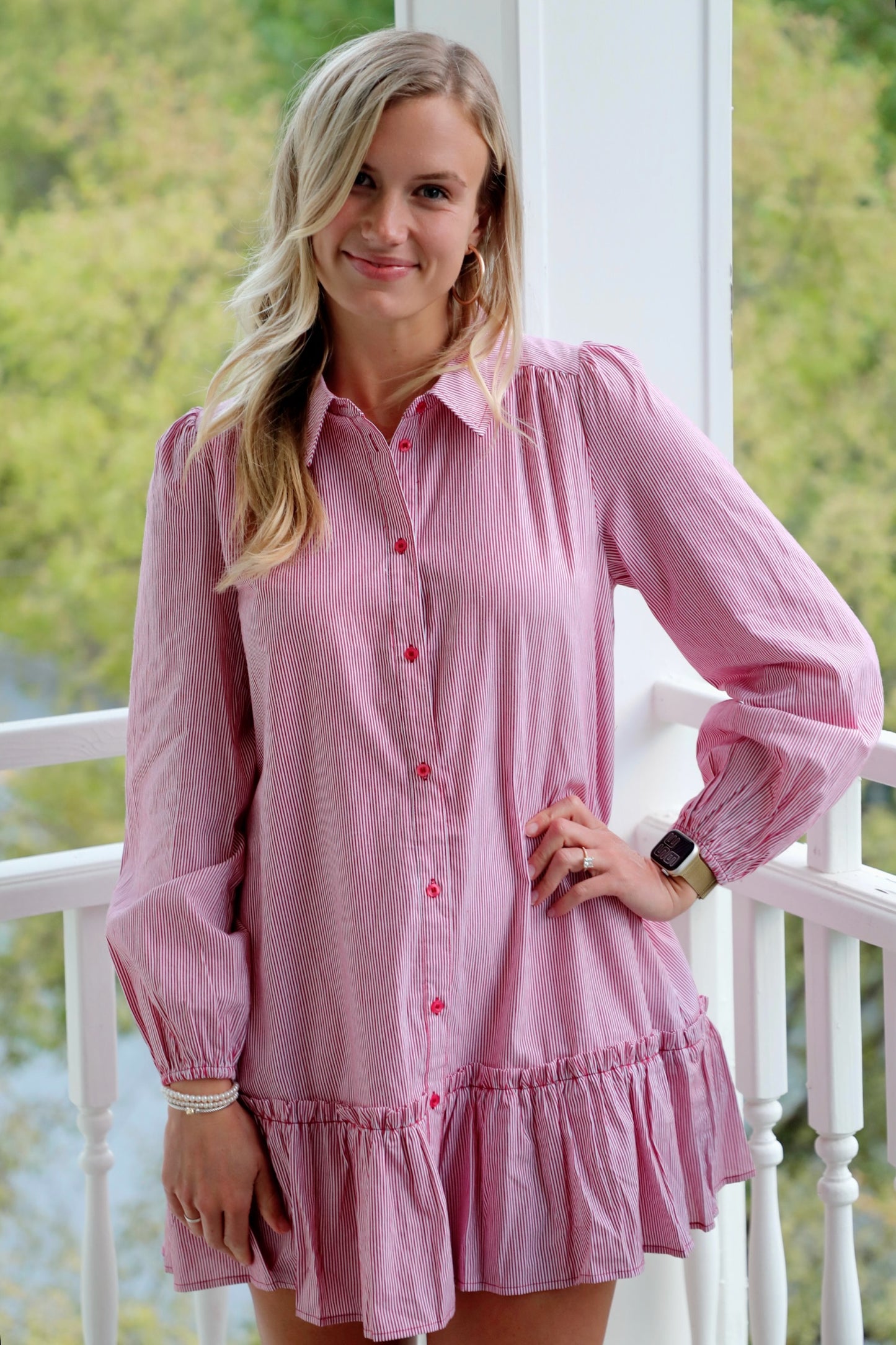 Pinstripe Button Up Ruffle Dress