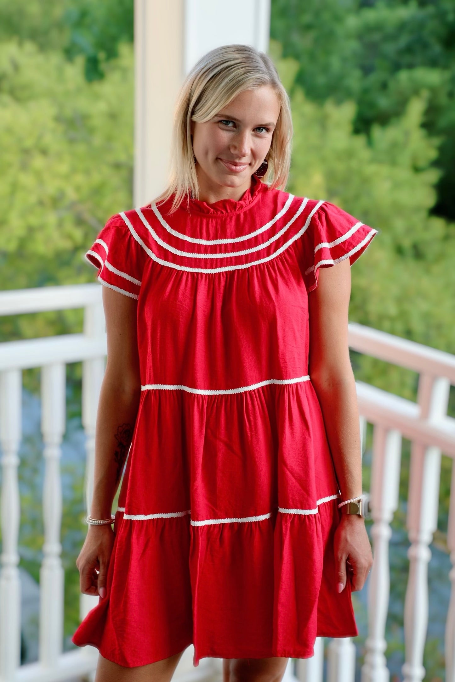 Tiered Flutter Sleeve Dress with Lace Trim