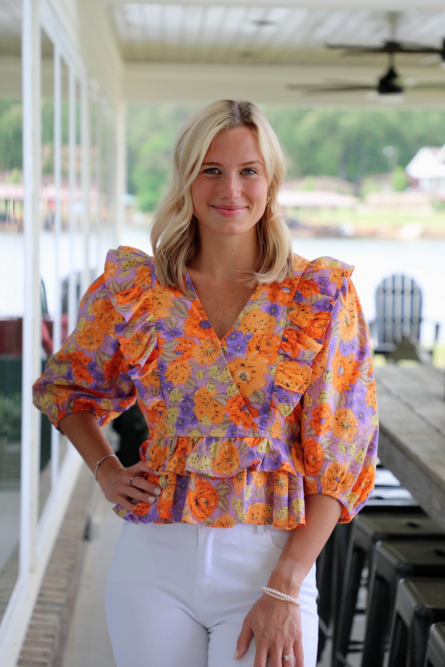 Floral 3/4 Sleeve Ruffle Top