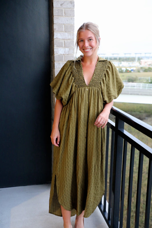 Smocked Neck Puff Sleeve Button Up Maxi Dress