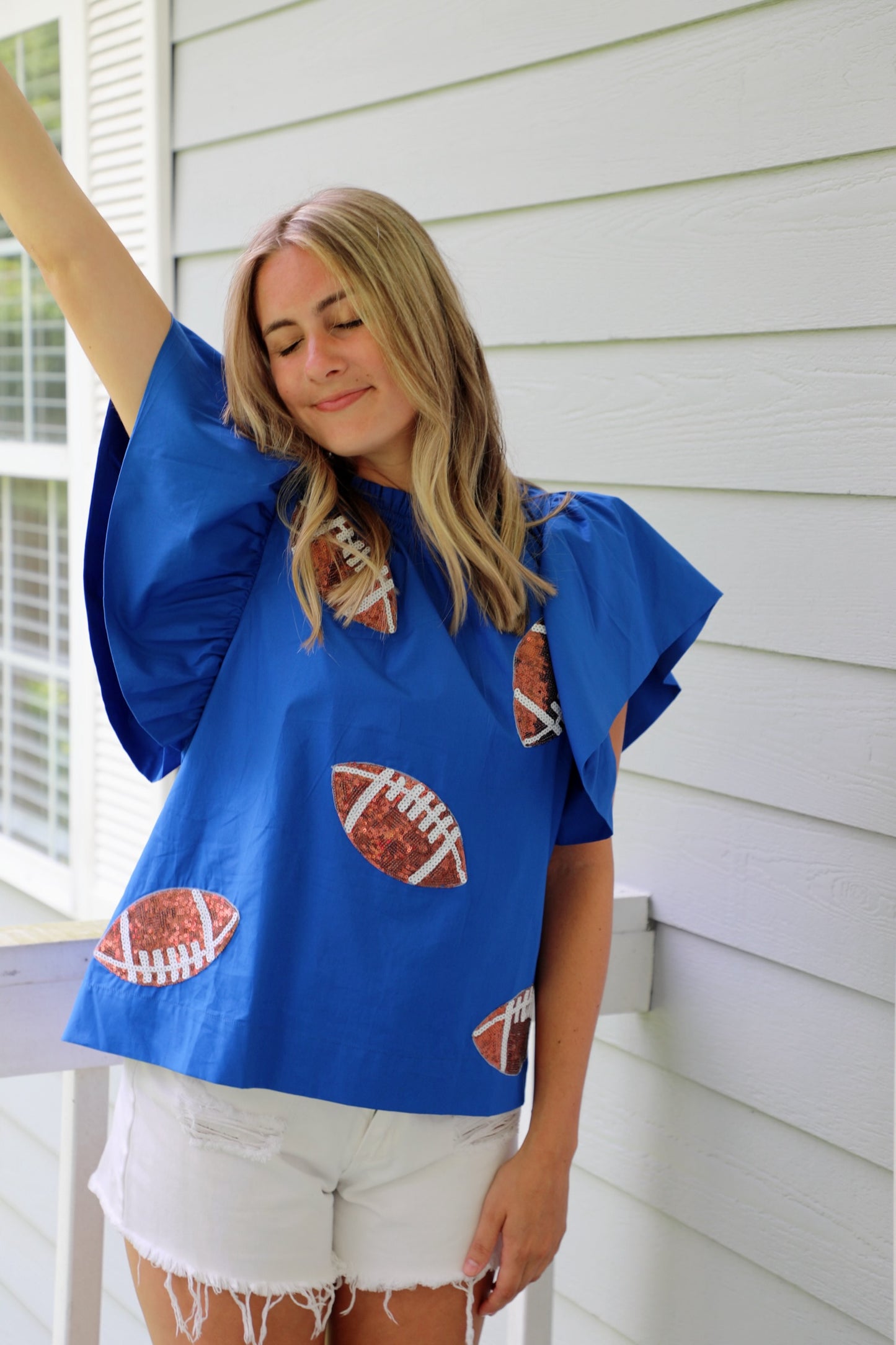 Blue Football Sequin Poplin Top