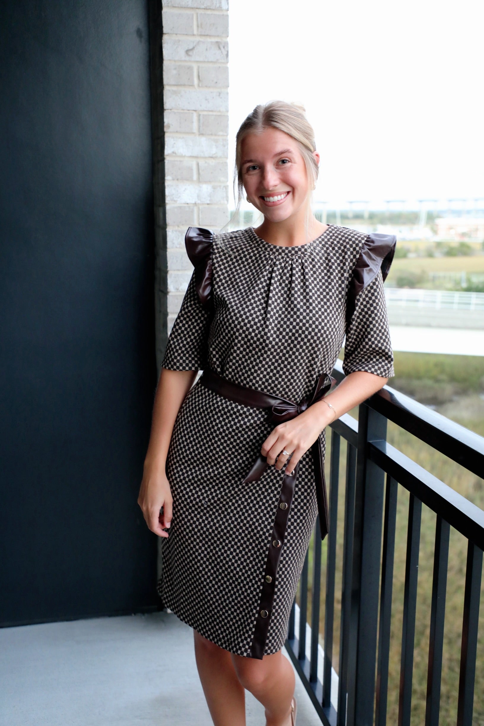 Faux Leather Trim Dress Polka Dot Wrap Dress Brown / Medium Faux Leather Trim Dress Polka Dot Wrap Dress Brown / Medium