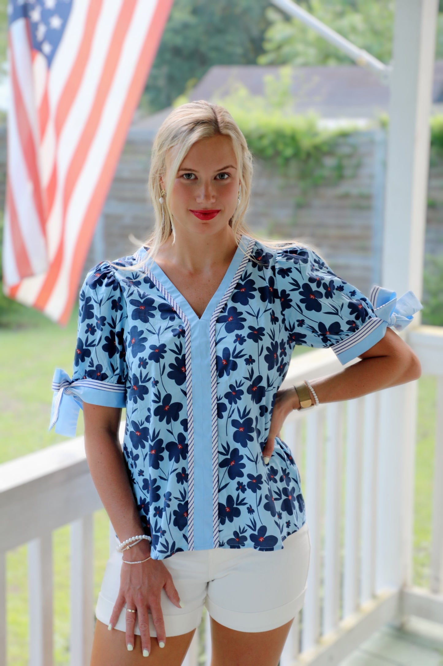 Floral Bow Sleeve Stripe Top