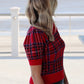 Red Plaid Print Round Neck Puff Sleeve Top