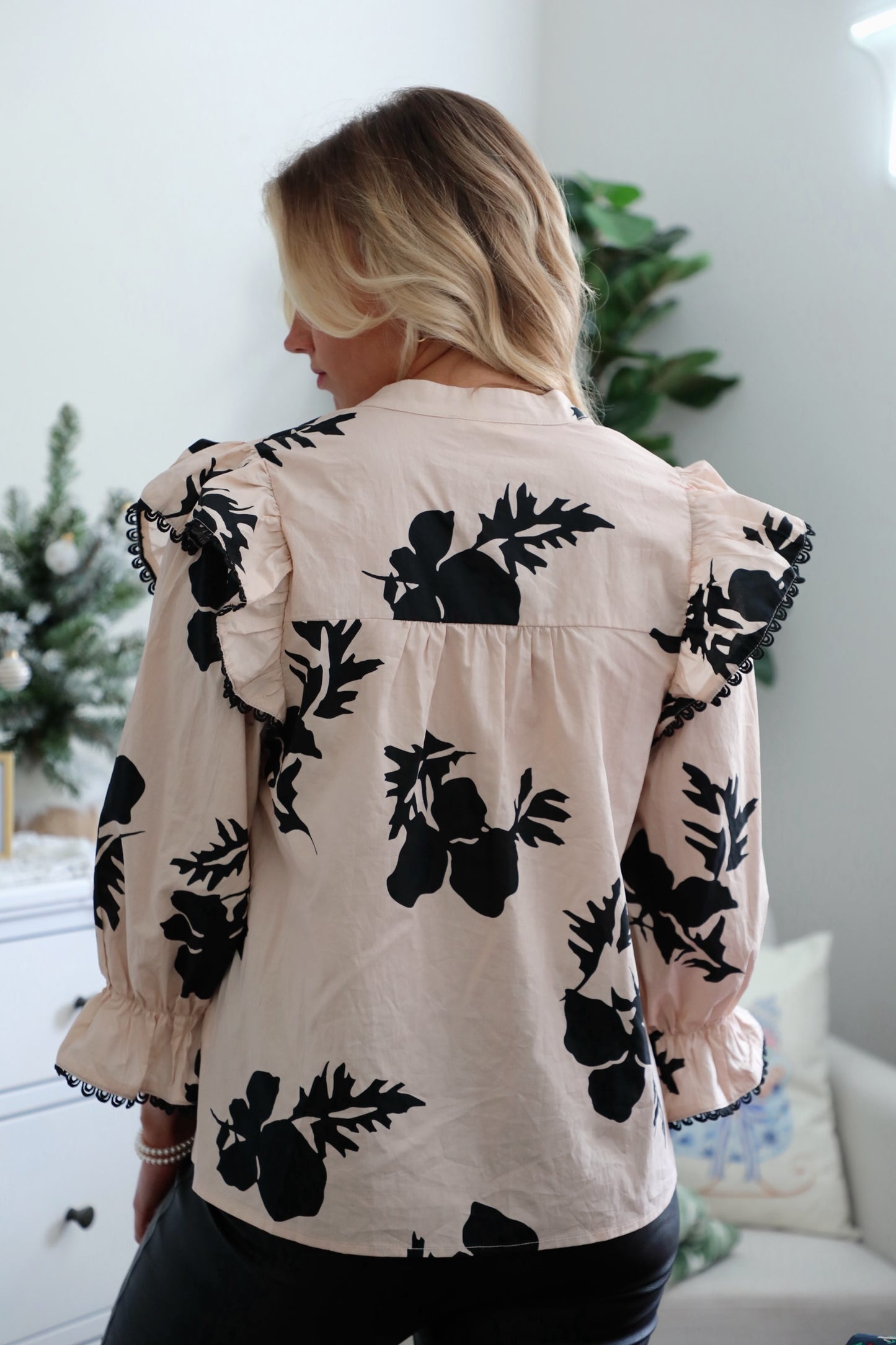 Cream and Black Printed Ruffle Blouse with Lace Details