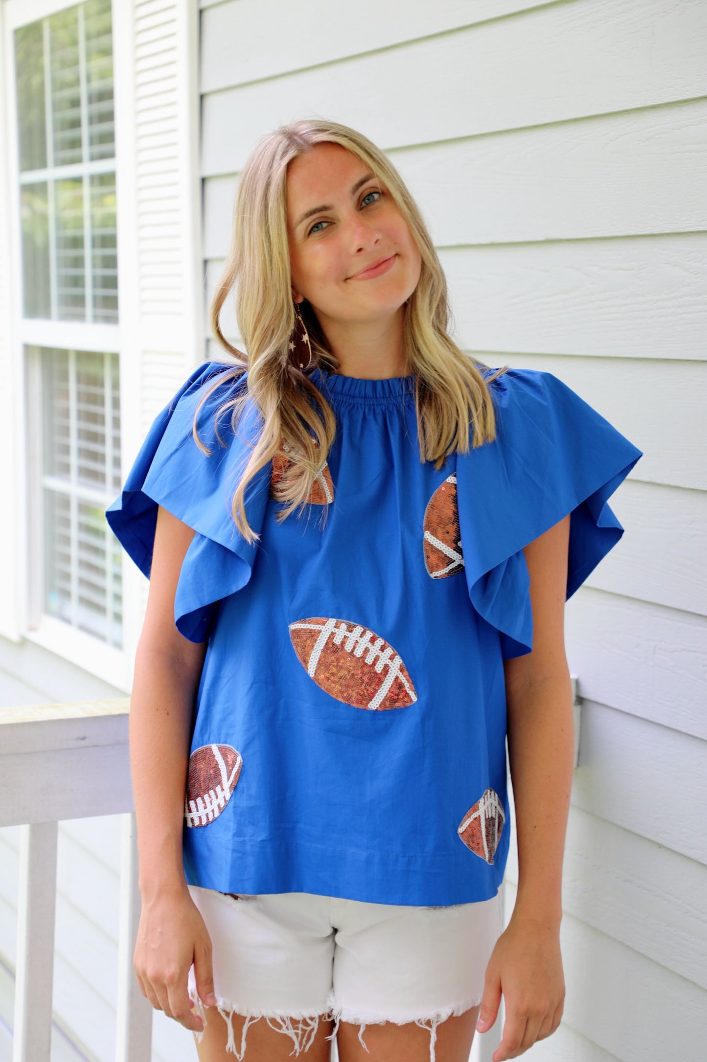 Blue Football Sequin Poplin Top