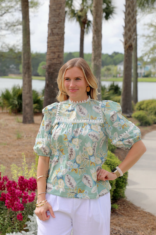 Balloon Sleeve Top with High Round Neck and Trim Details