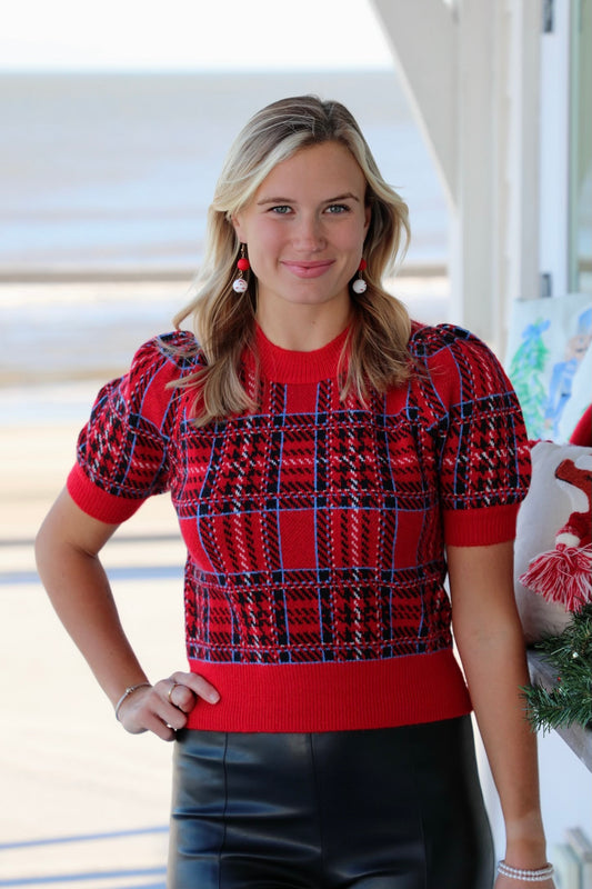 Red Plaid Print Round Neck Puff Sleeve Top