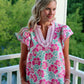 Pink Flutter Sleeve Floral Blouse with Chevron Ribbon Trim