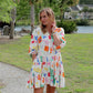 Printed V-Neck 3/4 Sleeve Shirt Dress with Flared Skirt
