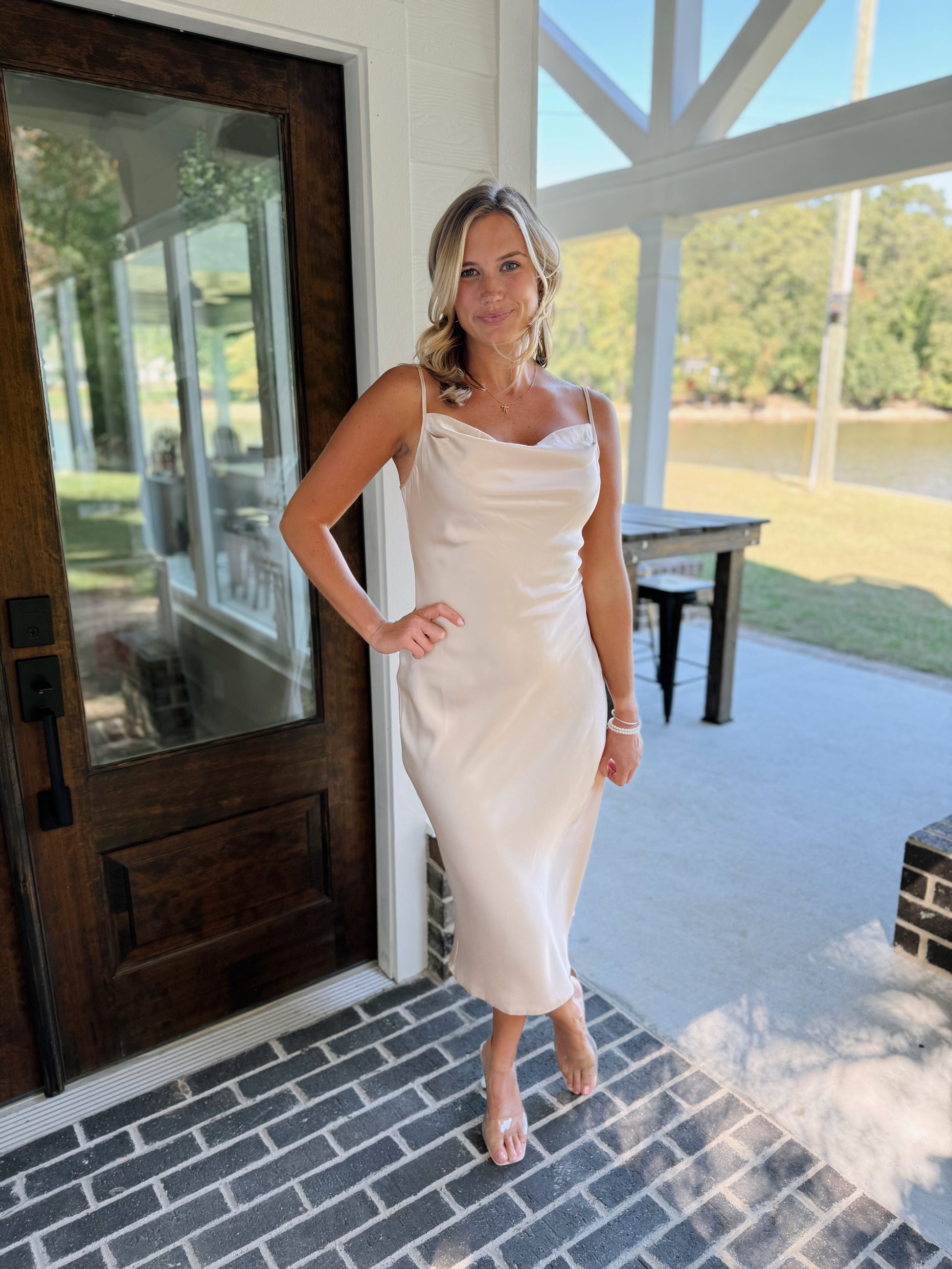 cowl neck bodycon midi dress Cowl Neck Bodycon Midi Dress Champagne / Small