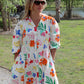 Printed V-Neck 3/4 Sleeve Shirt Dress with Flared Skirt