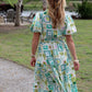 Printed Short Puff Sleeve Midi Dress with a Waist Tie