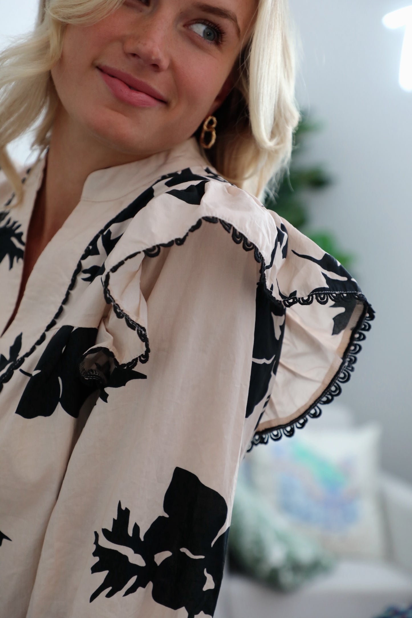 Cream and Black Printed Ruffle Blouse with Lace Details