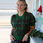 Pine Plaid Print Round Neck Puff Sleeve Top