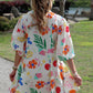 Printed V-Neck 3/4 Sleeve Shirt Dress with Flared Skirt