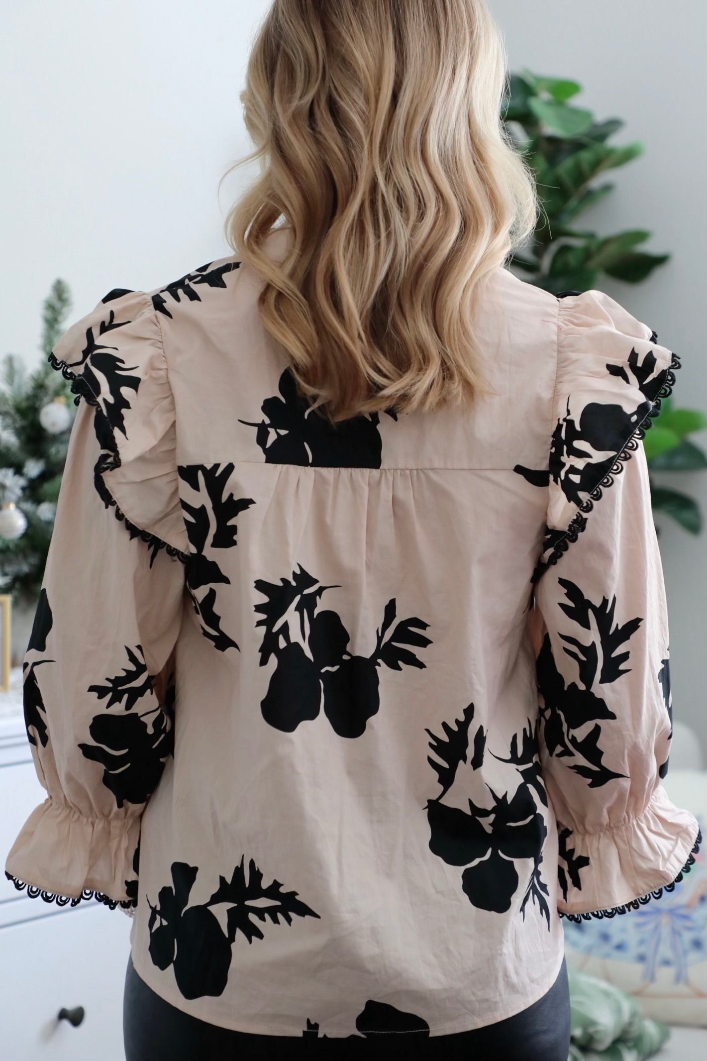 Cream and Black Printed Ruffle Blouse with Lace Details