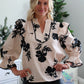 Cream and Black Printed Ruffle Blouse with Lace Details