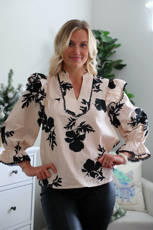 Cream and Black Printed Ruffle Blouse with Lace Details