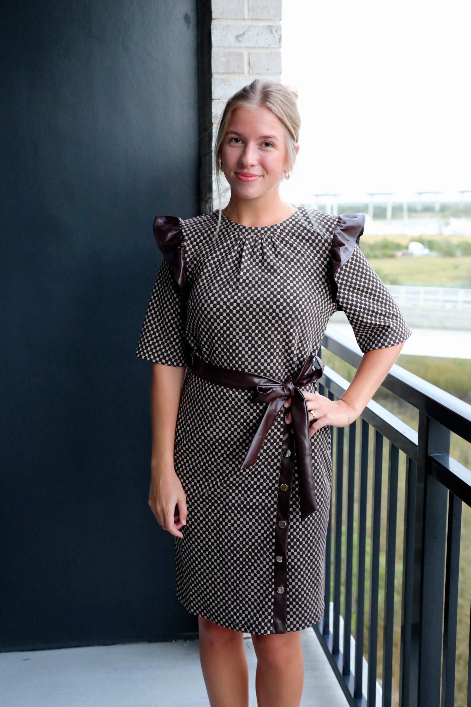 wrap leather dress Faux Leather Trim Dress Polka Dot Wrap Dress Brown / Medium