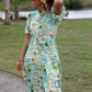 Printed Short Puff Sleeve Midi Dress with a Waist Tie