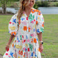 Printed V-Neck 3/4 Sleeve Shirt Dress with Flared Skirt