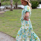 Printed Short Puff Sleeve Midi Dress with a Waist Tie
