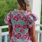 Pink Flutter Sleeve Floral Blouse with Chevron Ribbon Trim
