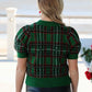 Pine Plaid Print Round Neck Puff Sleeve Top