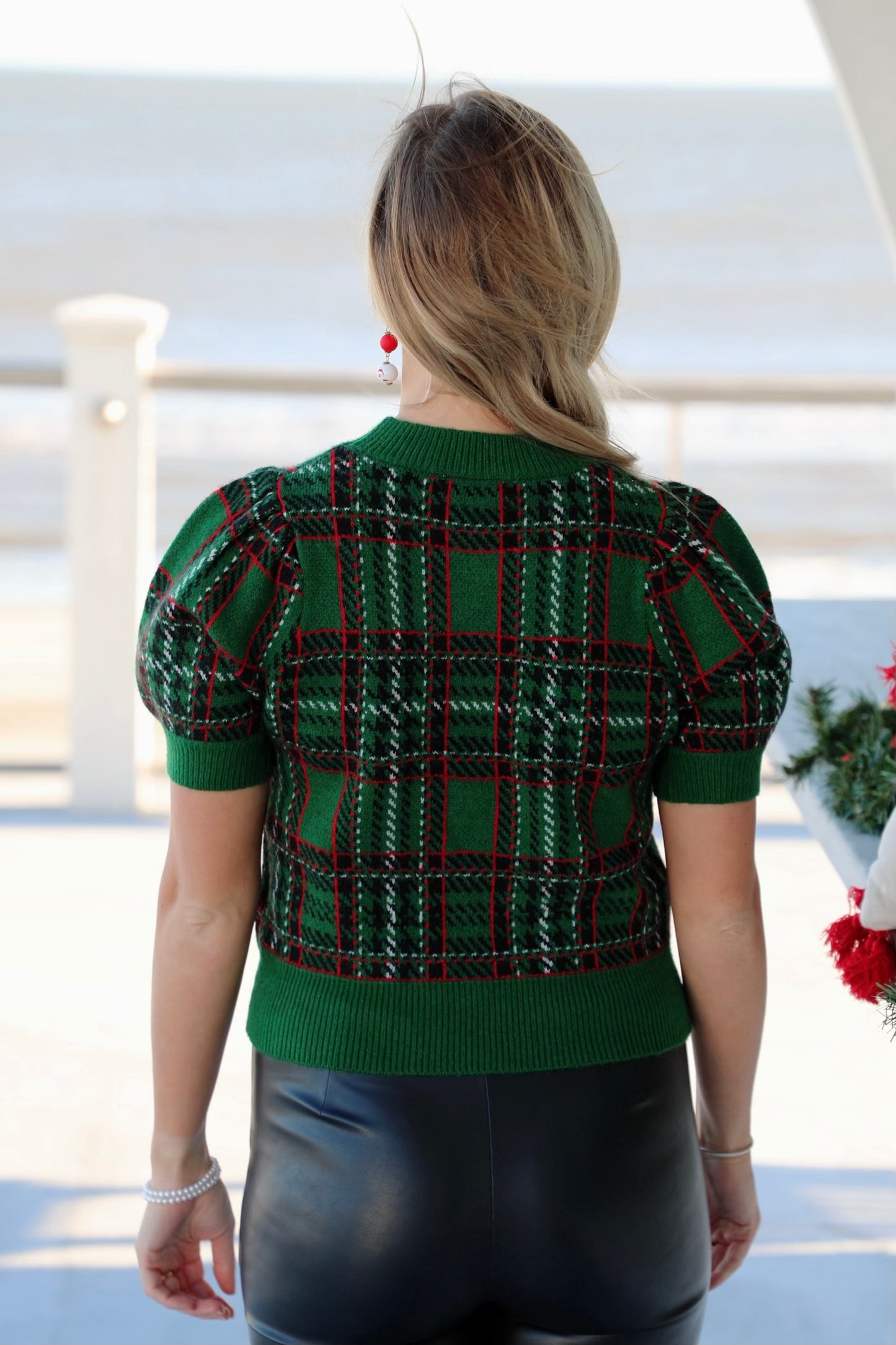 Pine Plaid Print Round Neck Puff Sleeve Top