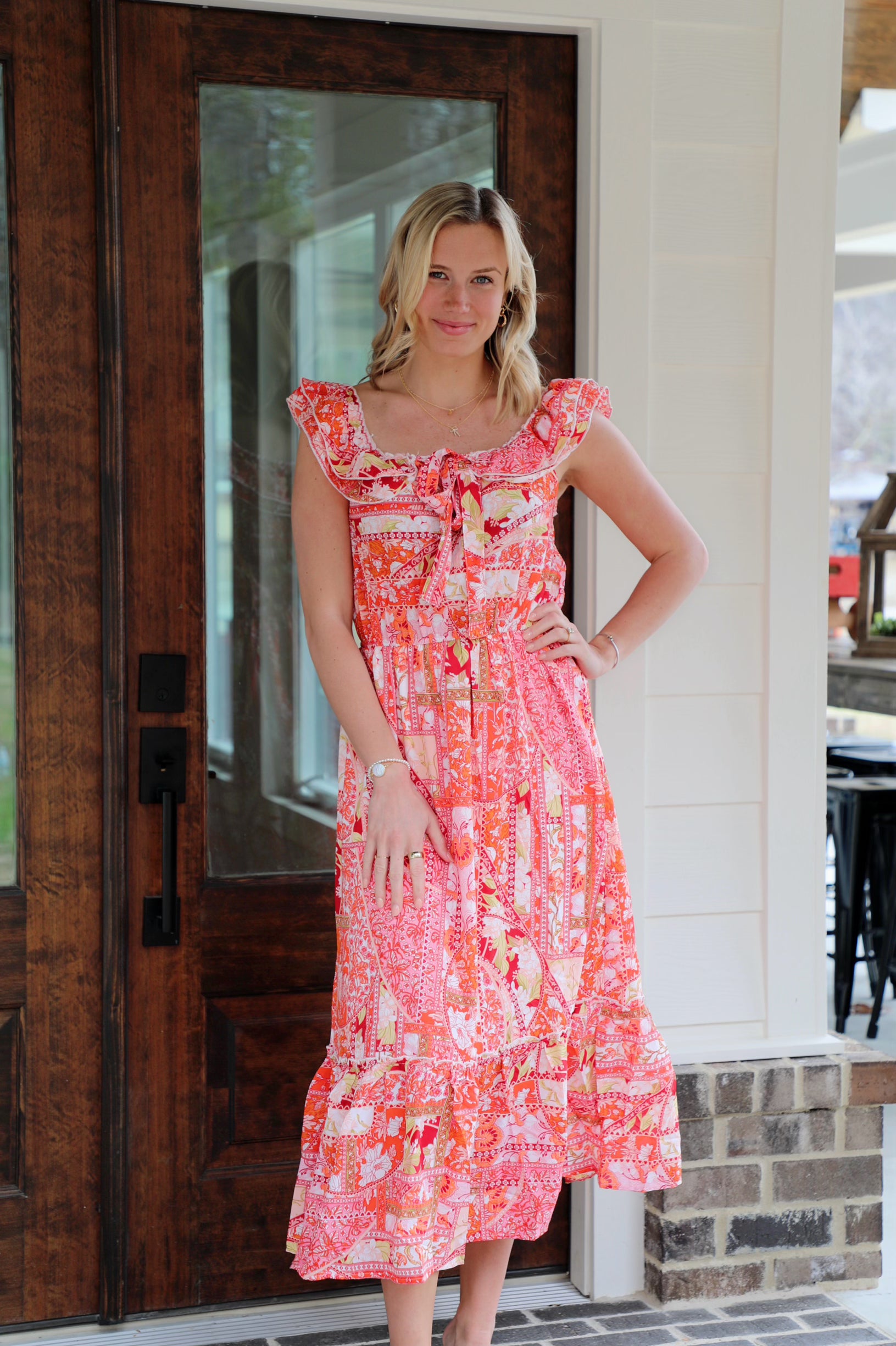 Ruffle Shoulder Elastic Waist Midi Dress Large / Orange