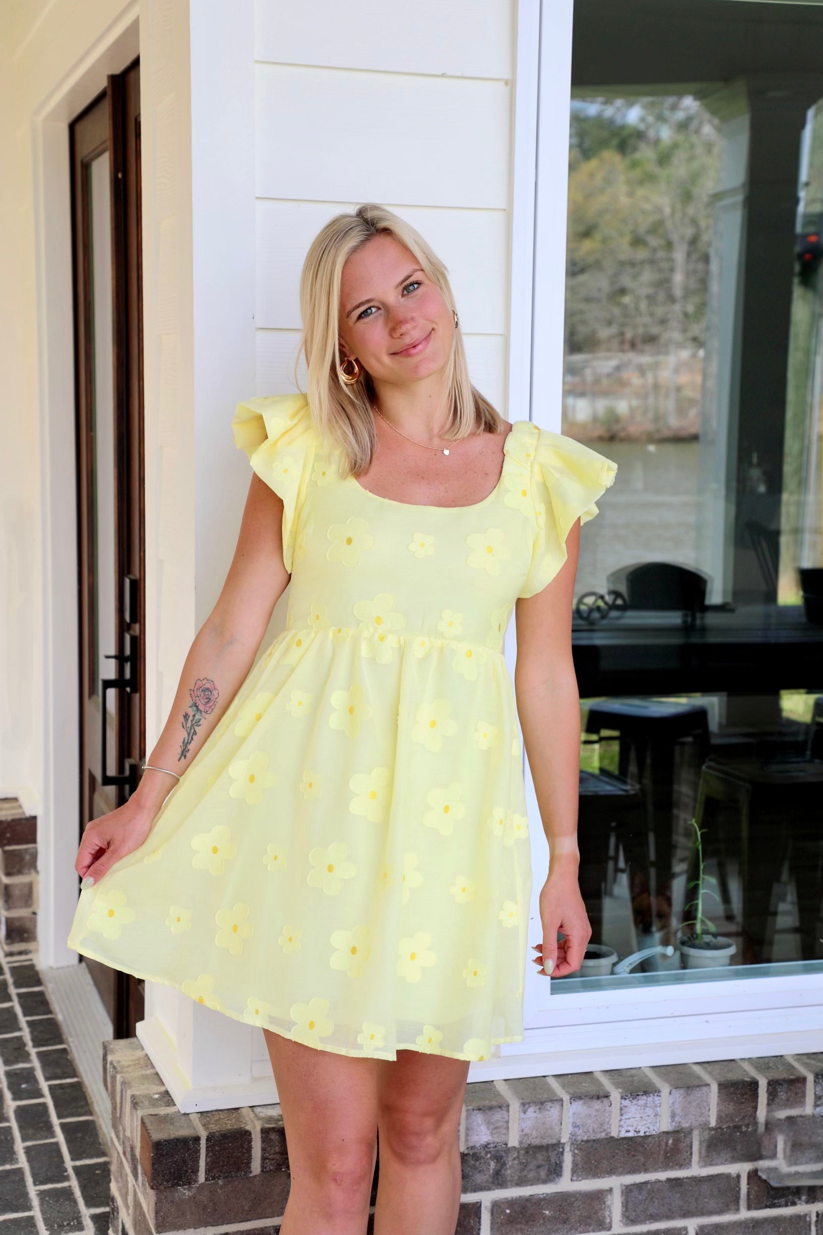 Flower Embroidered Sheer Organza Mini Dress Large / Yellow