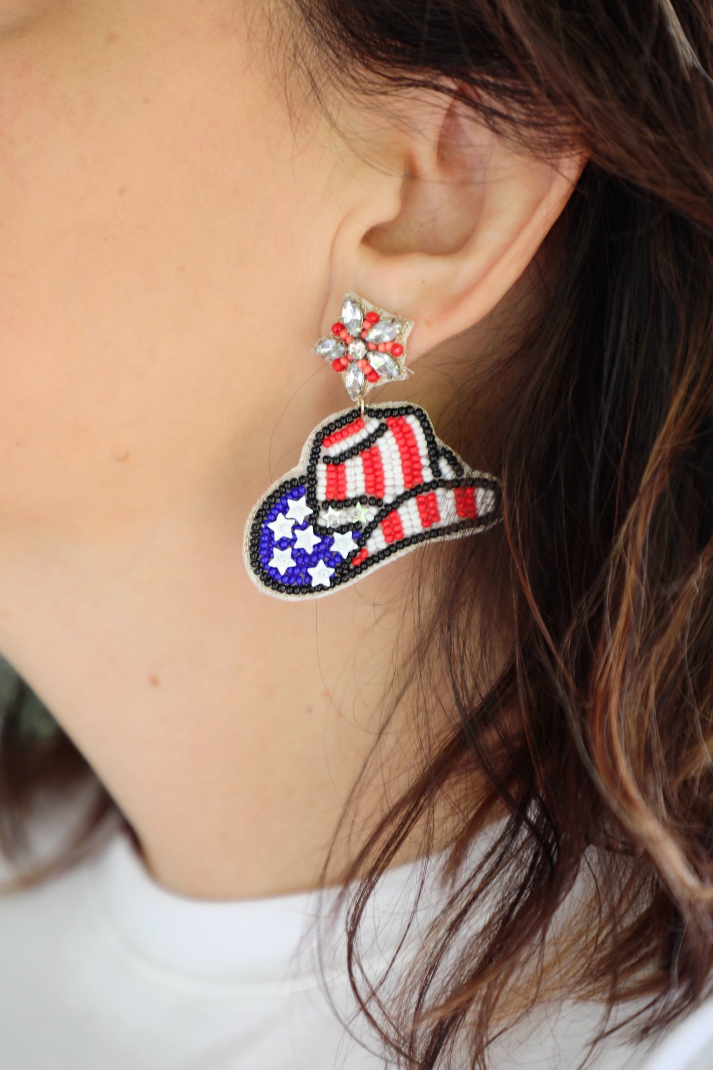 Cowgirl Hat Beaded USA Earrings