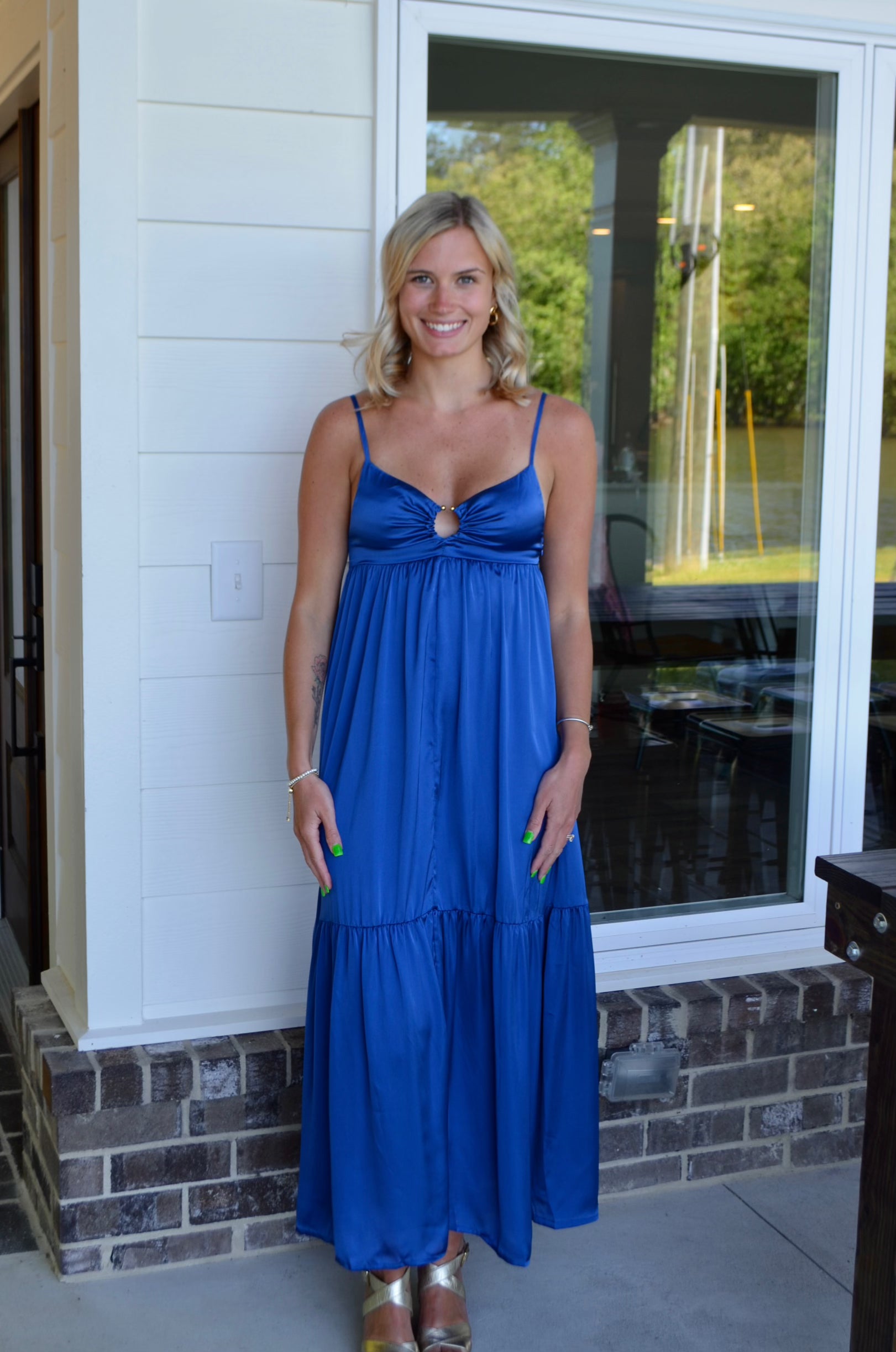 metal ring dress Detailed Satin Tiered Maxi col-denim The Marbella viscose dress Chiquease Women Elegant Solid Color:Reddish Brown