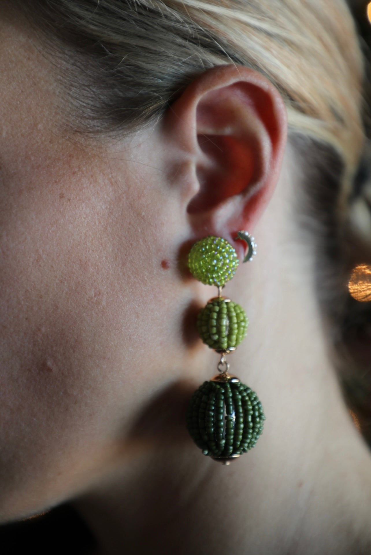 Green Beaded Three Tiered Dangle Earrings