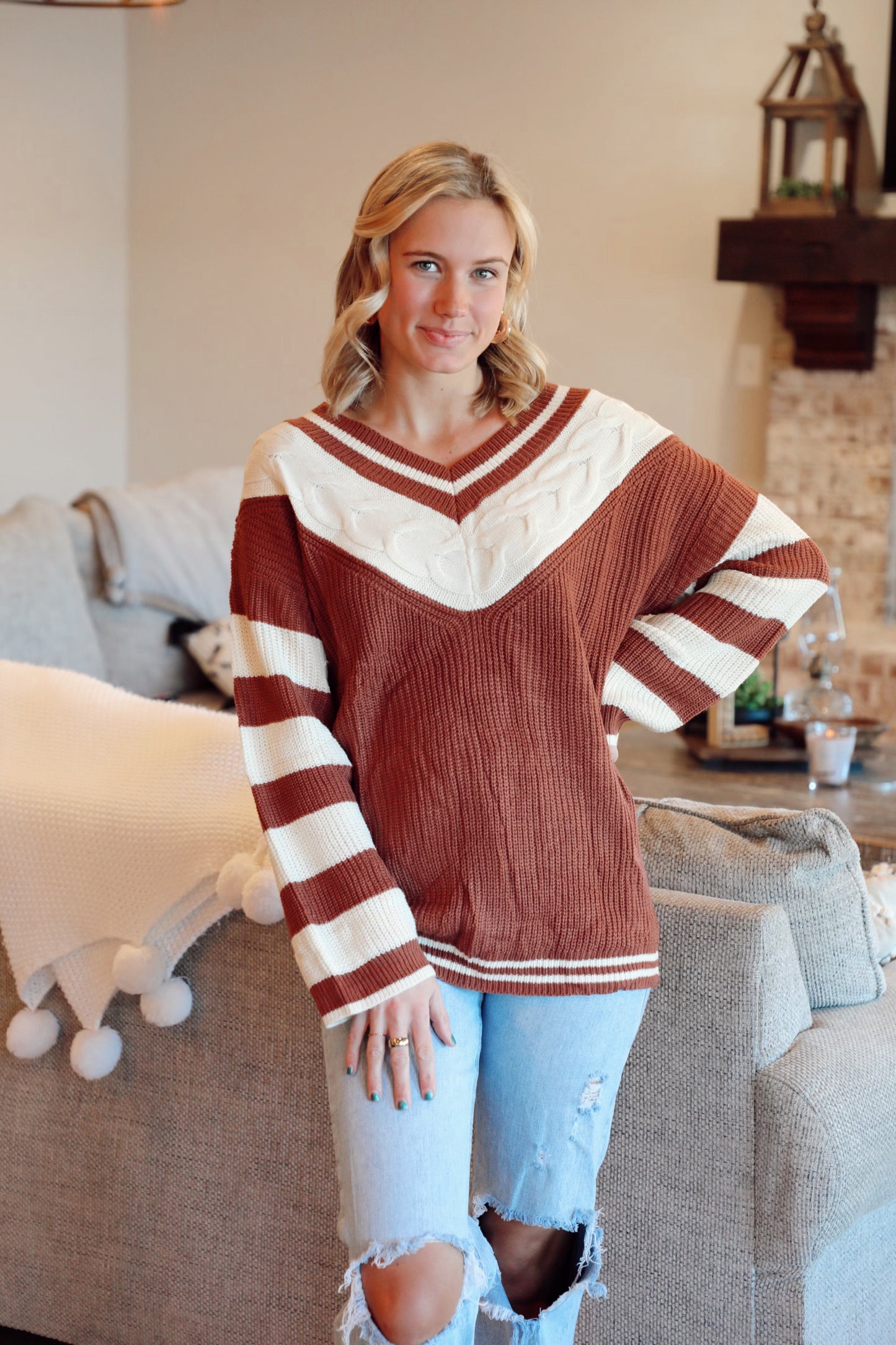 Stripe and Contrast Cable Mixed Knitting Sweater Top