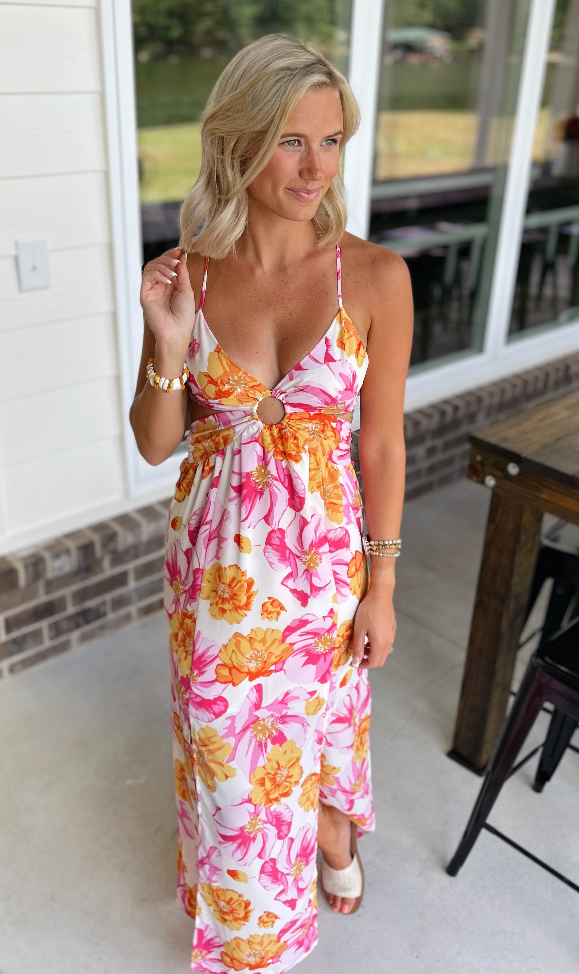 Pink Multi Floral Maxi Dress With Cutout Waist Medium